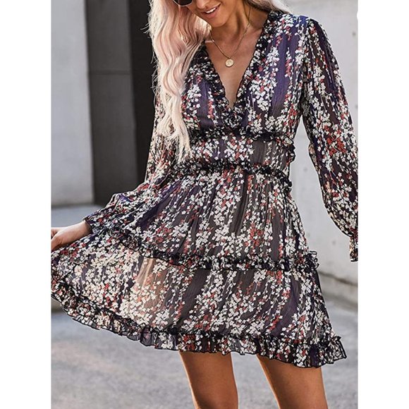 Navy Blue Printed Chiffon Ruffle A-Line V-Neck Long Sleeve Skater Mini Dress - Picture 7 of 7